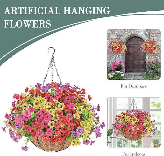 Artificial Flowers Hanging Plants in Basket,Artificial Hanging Flowers for Outdoor Indoor Decor,UV Resistant Hanging Baskets with Fake Flowers for Patio Garden Porch Deck Decoration