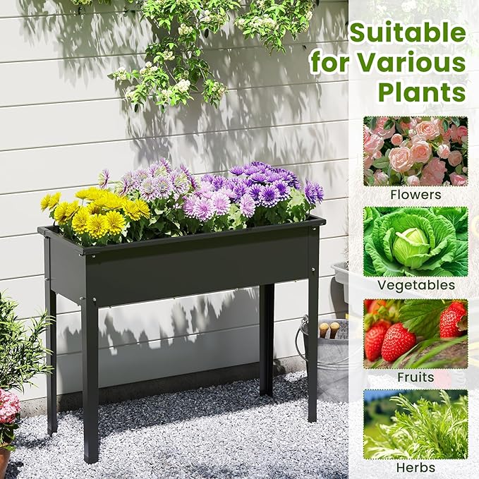HAPPYGRILL Raised Garden Bed, Metal Elevated Planter Box w/Legs, Drainage Holes for Growing Vegetables Fruits Flowers, Indoor Outdoor Standing Plant Container for Backyard Patio (40”x16”x32”)