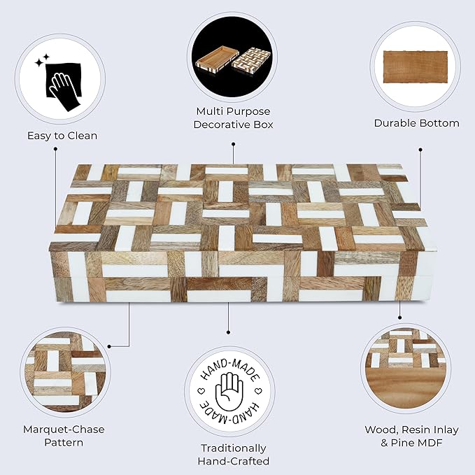 Handicrafts Home Decorative Storage Box, Keepsake Holder & Gift Box or Decorative Accent, Home decor, Jewelry Organizer, Made with Wood & Resin Inlay, Handmade Marquet Chase Collection-12X6X2 in