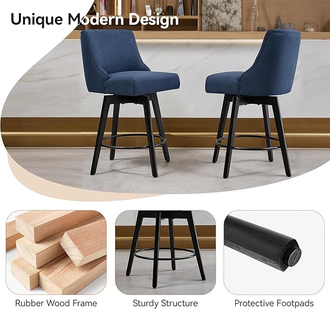 Vipbear Counter Height Bar Stools Set of 4, 26" H Swivel Bar Stools with Backs, Linen Fabric Upholstered Bar Chairs with Solid Wood Legs for Kitchen Island, Dining Room, Home Bar, Deep Blue