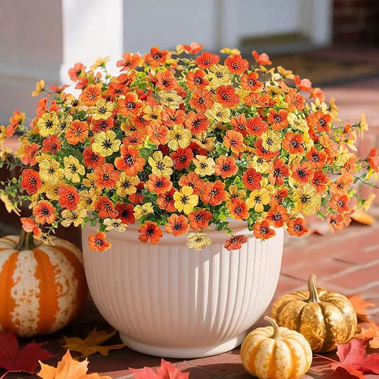 Fall Mums Artificial Flowers for Outdoors Potted, 12 Bundles Fake Fall Daisy Flower with Realistic Eucalyptus Leaves, Fake Plants for Greenery Boxwood Porch Patio Garden Pot Lawn(Yellow Orange)