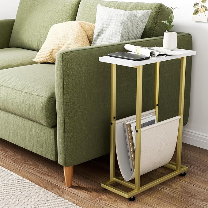 Narrow Side Table with PU Leather Magazine Holder Modern Slim Little Thin Table for Living Room, Bedroom, Sofa, White