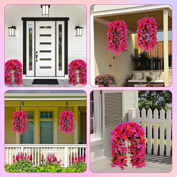 Artificial Bougainvillea Flowers for Outdoor Plant,4 pcs Faux Hanging Flowers Bougainvillea for Outside Decoration,Fake Silk UV Resistant Vines for Front Door Porch(Rose red+Fuchsia)