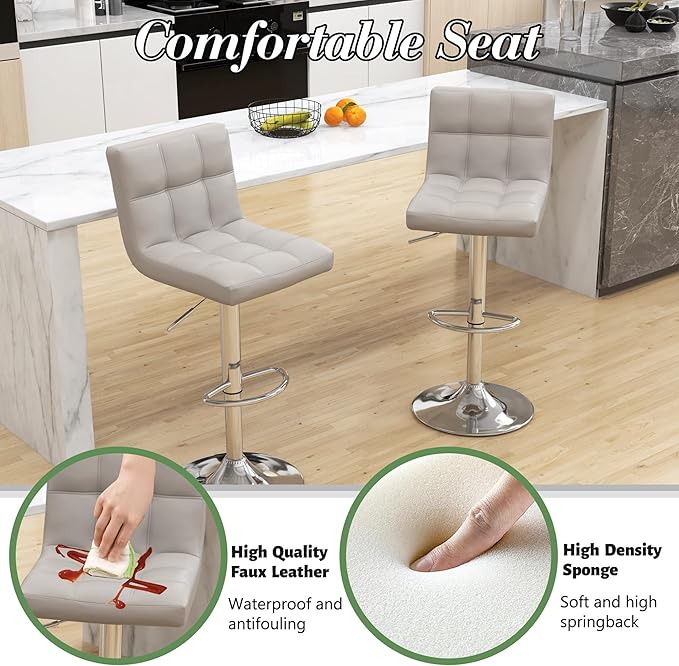 Modern PU Leather Bar Stools Set of 4, Adjustable Swivel Square Bar Chairs, Armless Counter Height Barstools with Back and Large Base for Island/Kitchen(Gray)