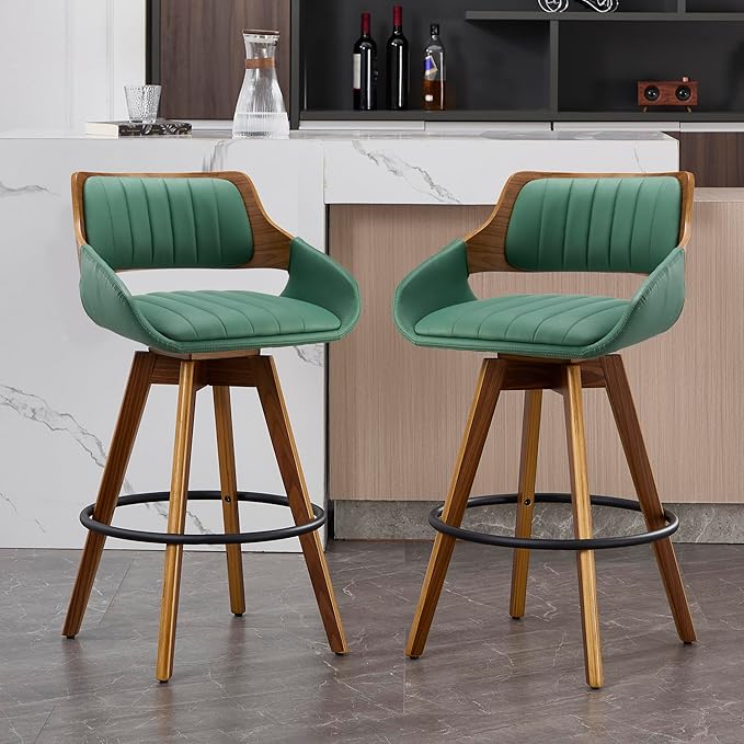 26" Bar Stools Set of 2, PU Leather Counter Height Bar Chairs with Back, Modern Mid-Century Swivel Barstools for Kitchen Island, Dining Room, Home Bar and Lounge, Green