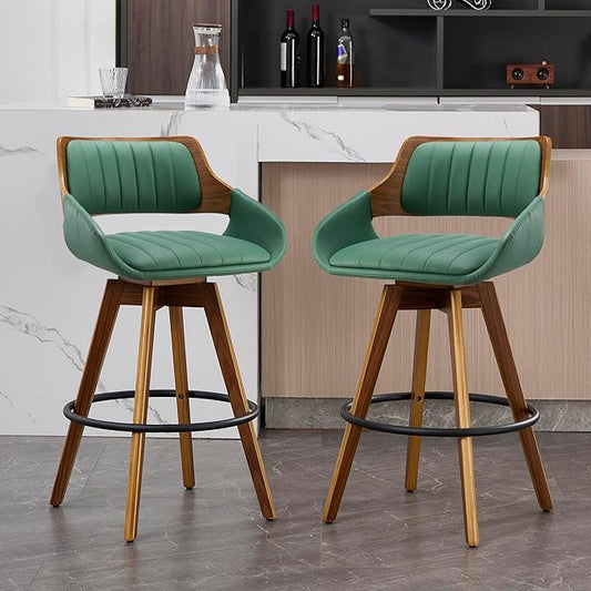 26" Bar Stools Set of 2, PU Leather Counter Height Bar Chairs with Back, Modern Mid-Century Swivel Barstools for Kitchen Island, Dining Room, Home Bar and Lounge, Green