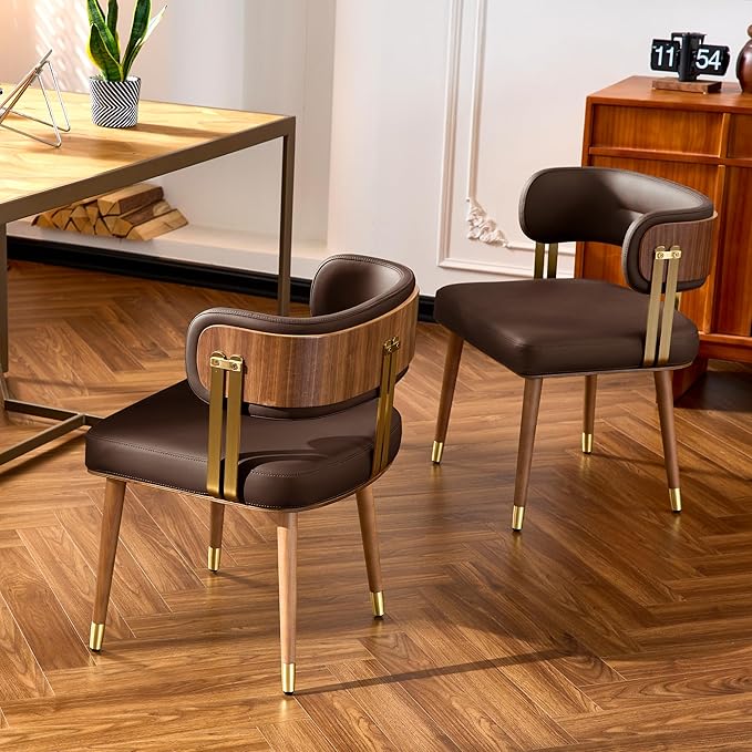 Modern Mid-Century Upholstered Leather Dining Chairs Set of 2 with Thick High-Resilience Foam, Walnut Wood Veneer,Dining Chairs with Anti-Slip Pads,Dark Grey