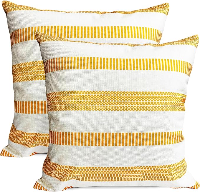 Decorative Throw Pillow Covers Set of 2 Chrome Yellow Boho Striped Pillow Covers 18x18 Inch Throw Pillow Cover Linen Pillowcase Farmhouse Outdoor Pillow Covers for Couch Sofa Living Room