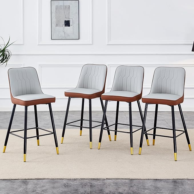 Counter Height Bar Stools Set of 4,27" Bar Stools with Back,Upholstered Counter Height Bar Stool with Sturdy Metal Footrest,Modern Kitchen Island Chairs for Home Pub (4,Grey-Brown)