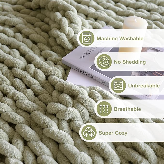 Soft Chunky Knit Blanket, 60X80 in Handmade Thick Chenille Yarn Throw Without Shedding & Raveling, Aesthetic & Cozy Home Decor with Couch Sofa Bed, Gift Pack, Sage Green
