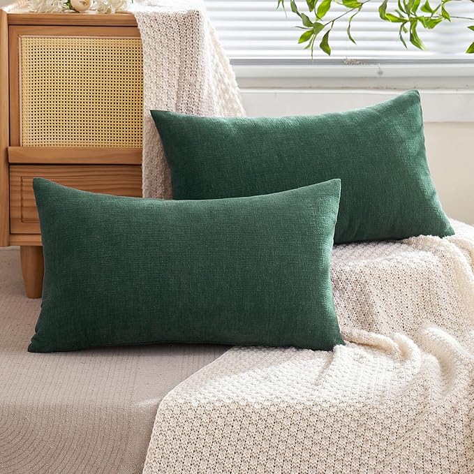 MIULEE Dark Green Couch Pillow Covers 12x20 Inch, Set of 2 Soft Chenille Decorative Lumbar Throw Pillow Covers Christmas Farmhouse for Sofa Living Room Bed
