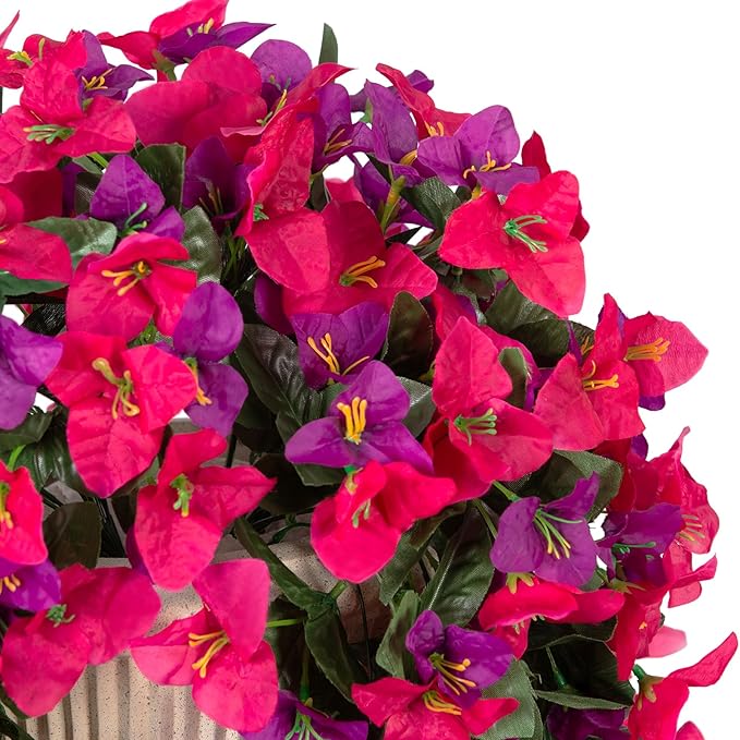 2 pcs Artificial Faux Bougainvillea Flowers Plants for Outdoor Outside Summer Decoration, Fake Silk UV Resistant Long Trailing Vines for Front Door Porch Planter Balcony (Rose Deep Lotus)