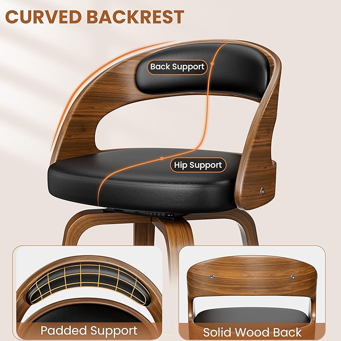 Bar Stools Set of 6, 26" Counter Height Barstools with Bentwood Legs, Swivel Counter Stools with Back, Mid Century Modern Faux Leather Upholstered Barstools for Kitchen Island, Black