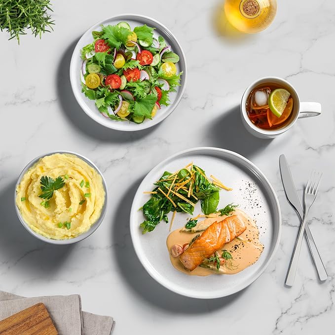 Zulay Kitchen Terra Stoneware 32-Piece Dinnerware Set, Artisanal Ceramic Plates and Bowls Set Crafted at 2300℉ - Service for 8, Speckled White