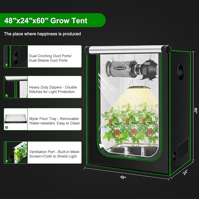 MELONFARM 4x2 Grow Tent, 48"x24"x60" Double Transparent Viewing Door Indoor Grow Tent, Growing Tent with High Reflective Mylar & Floor Tray, Plant Tent for Indoor Hydroponics Growing