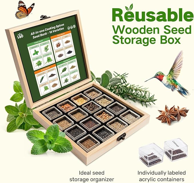 Lush&Dew Culinary Herbs Kitchen Garden Heirloom Seed Bank, Gardening Gifts, 16 Varieties Non-GMO Seeds for Planting Herb in Raised Garden Beds Windowsill, Survival Seed Kit, Cooking Spices Basil Dill