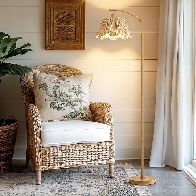 Oneach Arc Floor Lamp for Living Room with 3 Color Temperatures, Rattan Boho Floor Lamp with Remote & Dimmable Bulb, Farmhouse Floor Lamps Suitable for Bedroom, Study(Light Woodgrain)