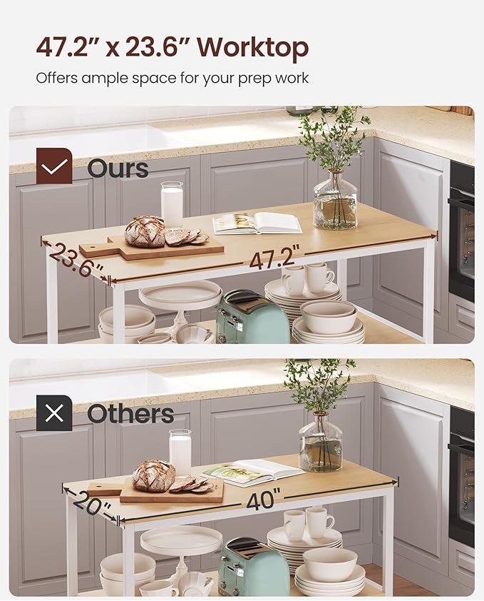 VASAGLE Kitchen Island with 3 Shelves, 47.2 Inches Width Kitchen Shelf with Large Worktop, Stable Steel Structure, Industrial, Easy to Assemble, Oak Color and White UKKI001W09