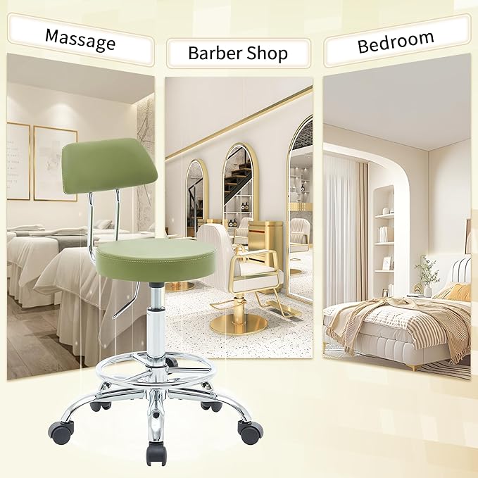 Height Adjustable Stool 19.5"-26.6", Rolling Chair with Back and Footrest, Green Esthetician Stool Ergonomic (Green)