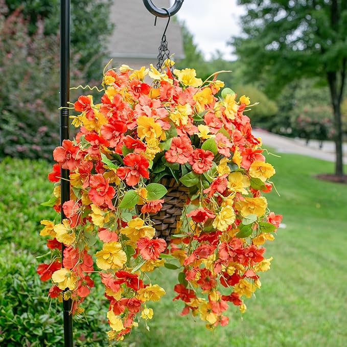 Artificial Fake Fall Hanging Flowers Plants Baskets for Outdoor Decoration, 5Pcs Faux Silk Hibiscus Long Vines in Planter Look Real for Outside Home Porch Patio Garden (YellowOrange)