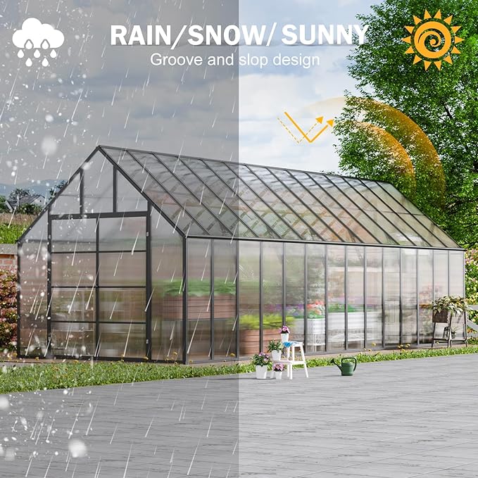 CDCASA 28x10x10 FT Greenhouse for Outdoors, Easy Assembly Large Thicker Aluminum Heavy Duty Polycarbonate Greenhouses Kit w/6 Windows, Outside Sunroom Walk-in Green House for Patio,Backyard