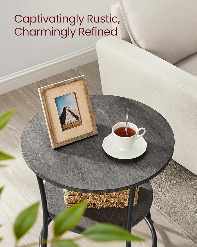 VASAGLE Side Table, 2-Tier Round End Table, Nightstand with Steel Frame for Small Spaces, Living Room, Bedroom, Misty Gray and Ink Black