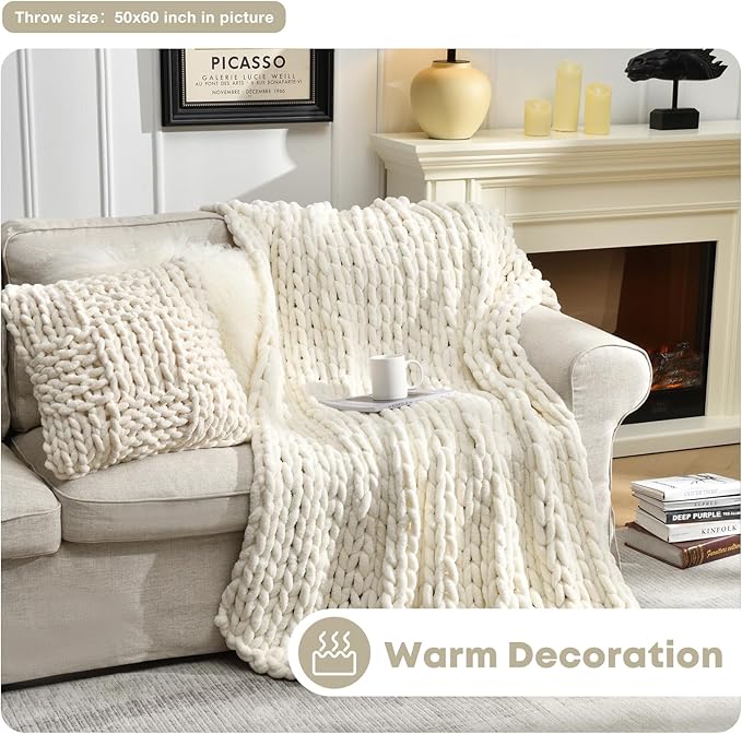 Soft Chunky Knit Blanket, 60X80 in Handmade Thick Chenille Yarn Throw Without Shedding & Raveling, Aesthetic & Cozy Home Decor with Couch Sofa Bed, Gift Pack, Ivory White
