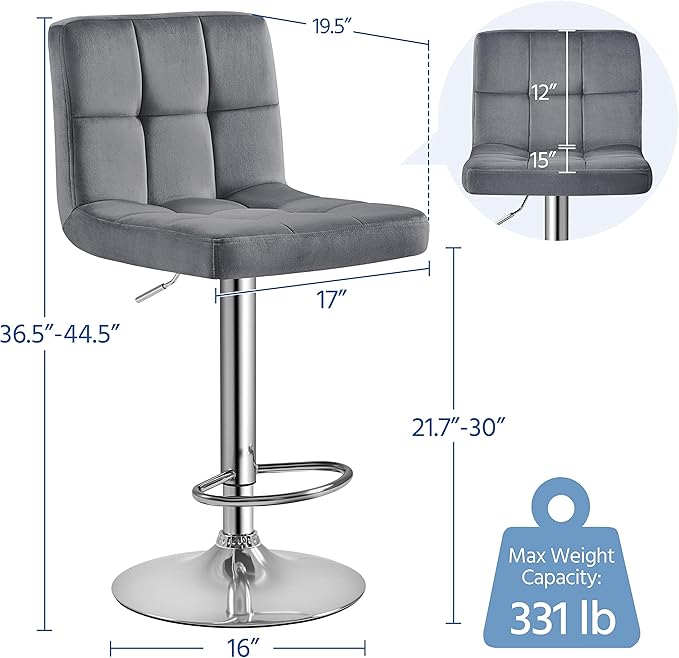 Yaheetech Bar Stools Set of 2, Adjustable Velvet Fabric Swivel Barstools, Modern Counter Stools with Back and Footrest, Counter Height Barstools for Bar, Kitchen, Dining Room, Dark Gray