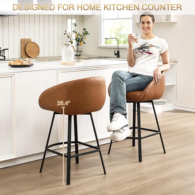 Zesthouse Swivel Counter Height Stools Set of 2, Modern Bar Stools for Kitchen Island, 26" Upholstered Kitchen Counter Height Barstools with Barrel Arms & Backs, Brown Faux Leather Bar Chairs