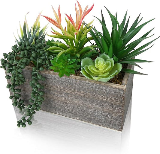 Artificial Succulents Plants Indoor Faux Succulent Potted Arrangement in Rectangular Wooden Pot for Table Centerpiece Windowsill Coffee Patio Farmhouse Decor