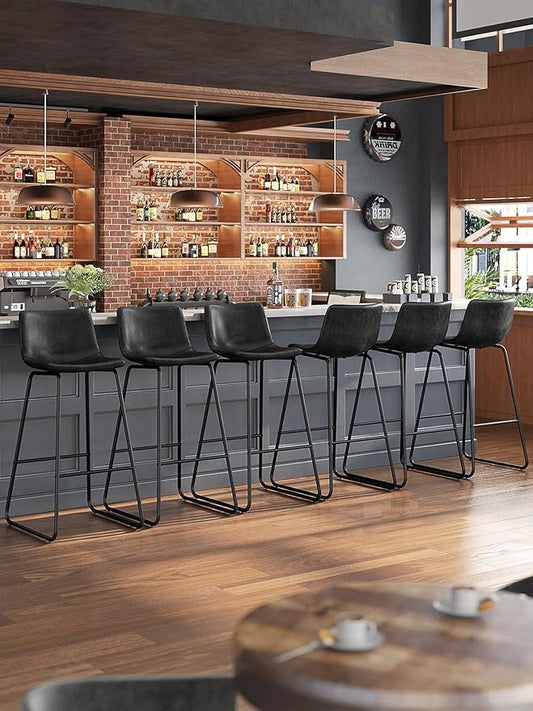 Bar Stools Set of 6, 30 Inches Counter Height Bar Stools with Back, Modern Faux Leather Barstools with Metal Legs and Footrest, Bar Chairs for Kitchens Island (Black)