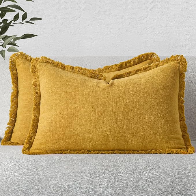 MIULEE Decorative Lumbar Throw Pillow Covers Neutral Linen Fringe Throw Pillows Set of 2 Mustard Yellow Boho Farmhouse Cushion Covers for Couch Sofa Bed Living Room Spring Home Decor 12x20 Inch