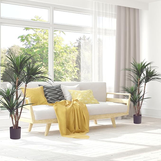 Pure Garden Set of 2 Artificial Trees - 51-Inch Tropical Yucca Plants with Rubber Leaves and Weighted Pots for Living Room or Office - Faux Plants