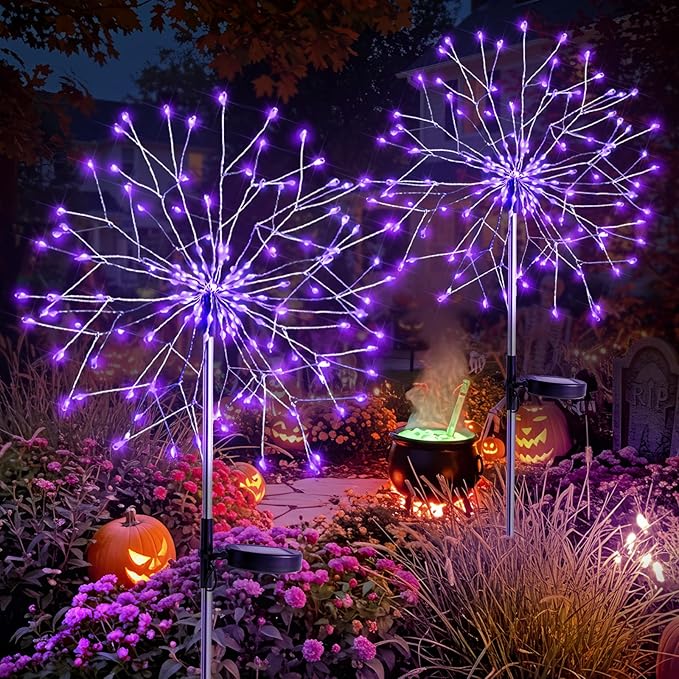 suddus 2 Pack Purple Halloween Lights Outdoor, 150LED Purple Solar Garden Lights with 8 Modes, Waterproof Solar Firework Light for Halloween Yard Garden Decorations