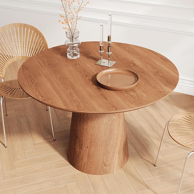 43'' Round Dining Table for 4, Modern Wood Farmhouse Kitchen Table with Sturdy Cylindrical Pedastal, Dinner Tables for Dining Room, Living Room Walnut