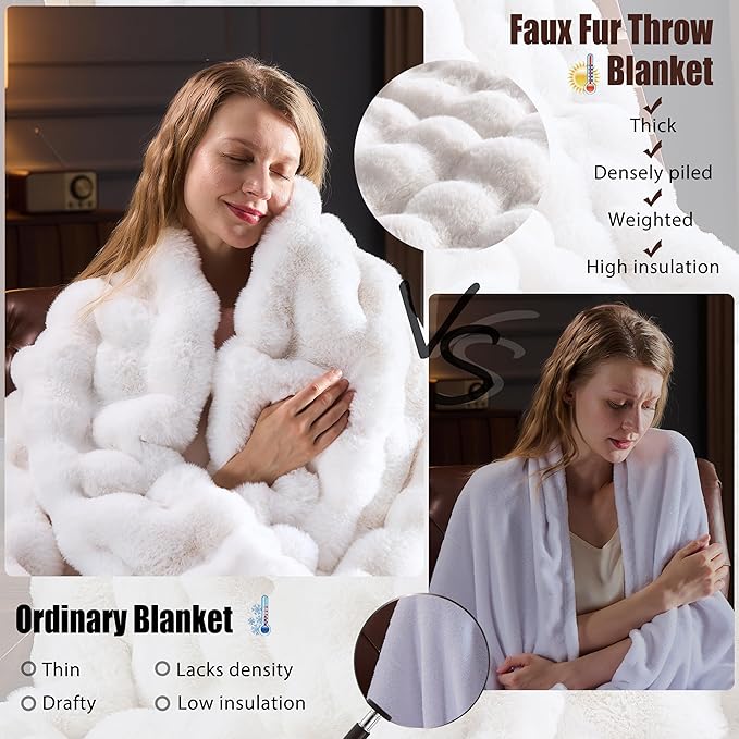 Faux Fur Throw Blanket for Couch, Fluffy Fuzzy Plush Bubble Blanket, Soft Warm Cozy Shaggy Rabbit Blanket, Luxury Decorative Gifts for Sofa Bedroom Living Room, 60x80inch (Beige)