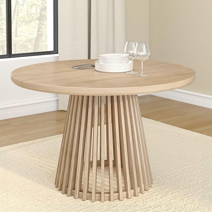 Plank+Beam Lido Round Dining Table, 47", Wooden, Pedestal, Minimalist Kitchen Table for 4 for Dining Room, Blonde