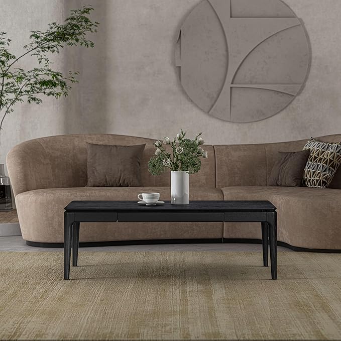 NTC Mingle Modern Wooden Rectangle Coffee Table with Hidden Drawer – Waterproof & Heat Resistant, Burnt Black