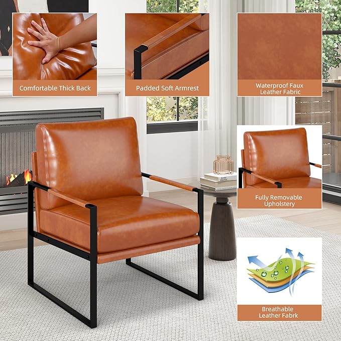 Phoenix Home Mid Century Modern Faux Leather Accent Chair Set of 6, Metal Framed Armchair with Extra Soft Removable Seat Cushion & Backrest for Living Room Bedroom Waiting Room, Easy to Clean, Brown