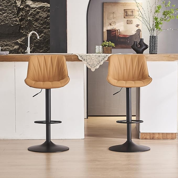 YOUNIKE Saffron Bar Stools Set of 2, Tan Swivel Barstools for Kitchen Island, Adjustable Leather Padded Bar Chairs with Back, Modern Counter Height Stools with 300LBS Support