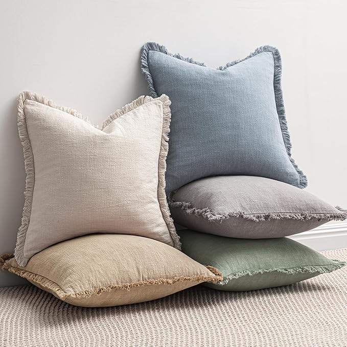 MIULEE Decorative Throw Pillow Covers Neutral Linen Fringe Throw Pillows Euro Shams Set of 2 Light Blue Boho Farmhouse Cushion Covers for Couch Sofa Bed Living Room Spring Home Decor 24x24 Inch