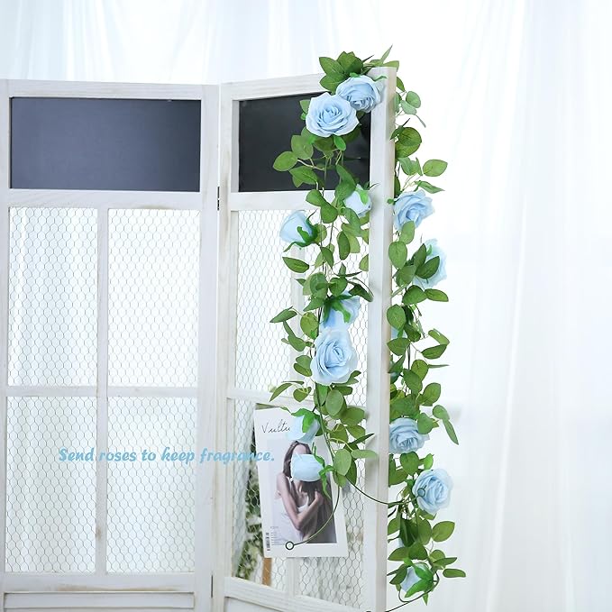 Felice Arts 2 Pack Light Blue Artificial Floral Garland Each 6.5FT Fake Rose Vine Hanging Rose Garland for Wedding Flowers Table Centerpiece Arrangement Room Baby Shower Teepee Mirror Decor