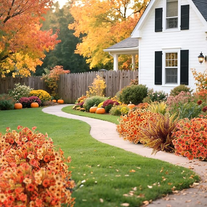 20 Bundles Artificial Fall Flowers for Outdoors Decoration, Fake Mums Silk Daisy Faux Plastic Plants Boston Fern UV Resistant for Autumn Thanksgiving Garden Planters Home Decor, Mixed Orange