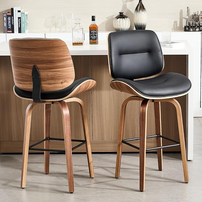 Mid Century Modern Bar Stools Set of 2, 29.5'' Bar Height Swivel Stools with Bentwood Legs, Faux Leather Upholstered Bar Chairs with Footrest for Kitchen Island & Countertops, Black