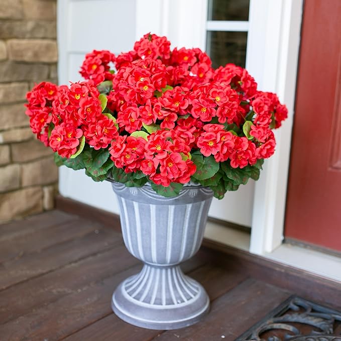 Artificial Geraniums Fake Flowers for Outdoors Decoration, 6 Bundles Silk Geraniums Red Flower UV Resistant Look Real Faux Plants for Front Door Garden Porch Planter Patio Balcony Yard Indoor Home