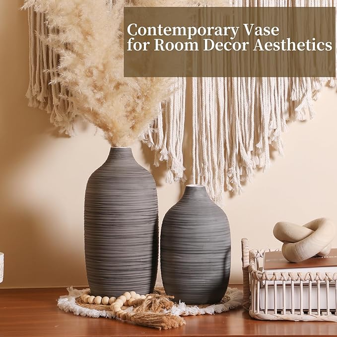 ALMA 9 in Contemporary Vessel for Room Decor Aesthetic|Decorative Black Gray Vase for Pampas Grass|Boho Vase for Coffee Table Centerpiece,Nightstand,Bookshelf,Minimalist Living Room,Bathroom Decor