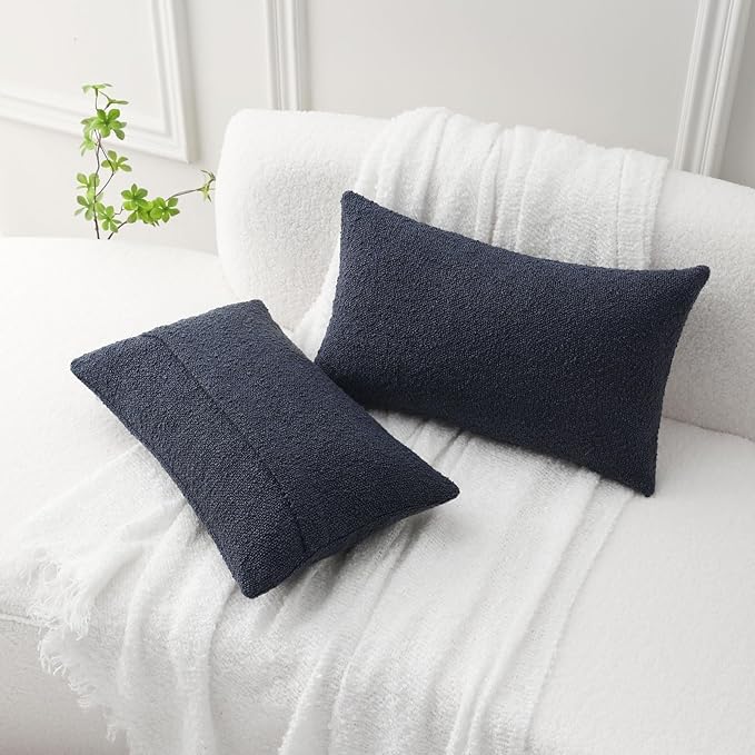 FUTEI Pack of 2 Navy Blue Decorative Throw Pillow Covers 12x20 Inch Soft Cozy Solid Boucle Textured Lumbar Pillow Cases,Modern Home Decor for Couch Bed Living Room