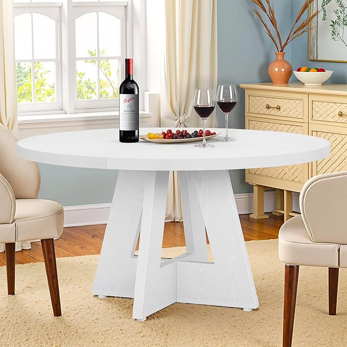 NicBex 47-Inch Round Dining Table for 4, Farmhouse Dinner Table Small Farmhouse Kitchen Tables with Wood Pedestal Base for Dining Room, Kitchen, Living Room, White