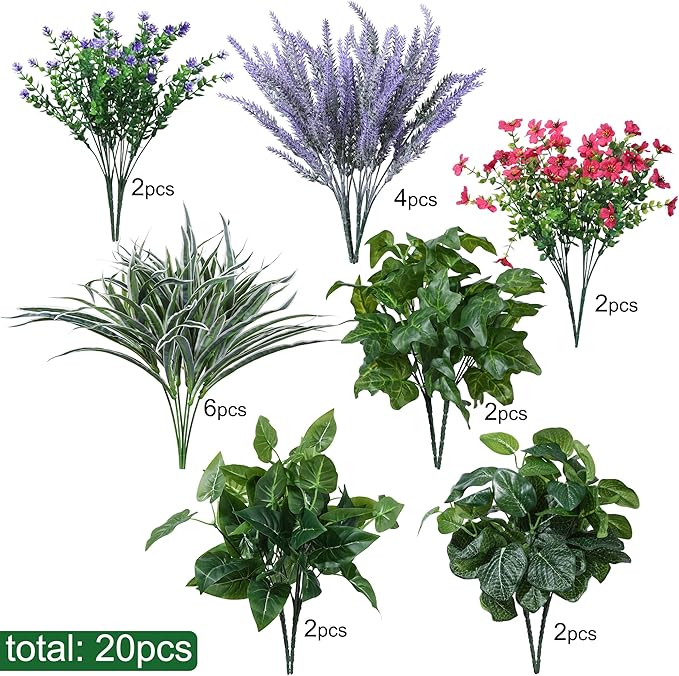 20PCS Artificial Plants for Outdoor Decor Realistic Faux Greenery & Flowers Fake Plastic Leaves with Stems UV Resistant Outside Bushes for Garden Patio and Porch