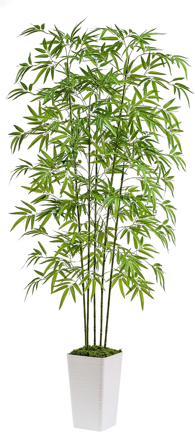 Artificial Bamboo Tree 6FT Tall Fake Plants Faux Bamboo Plant with White Tall Planter, Artificial Fake Trees Silk Plant with 5 Trunks and Lifelike Leaves for Home Office Indoor Outdoor Decor